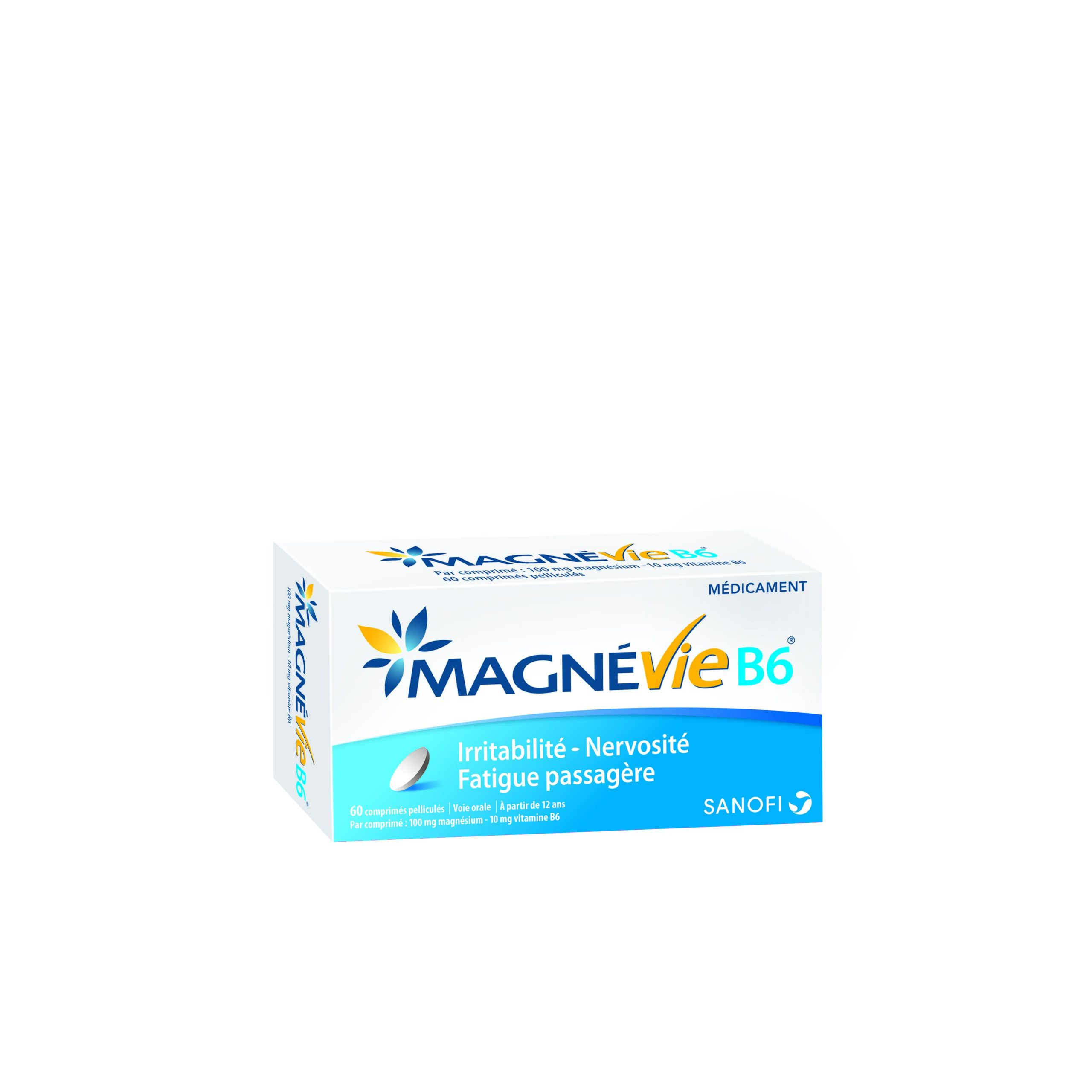 image MagnéVie B6® 100 mg / 10 mg, comprimé pelliculé Magnésium anhydre (Citrate) / Pyridoxine (Chlorhydrate) Boîte de 60 comprimés